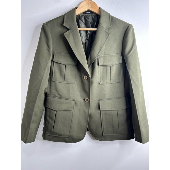 Theory Blazer Womens L Olive Green Utility Safari 2 Button Cargo Pockets Army - Picture 1 of 11